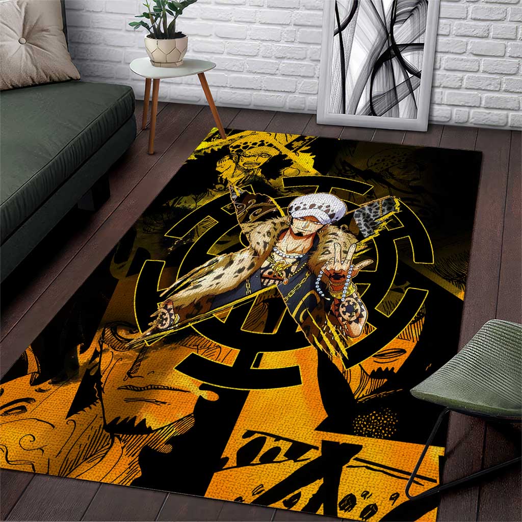 Trafalgar Law One Piece Yellow and Black Theme Area Rug with Jolly Roger Symbol and Manga Panel Design - The Mazicc