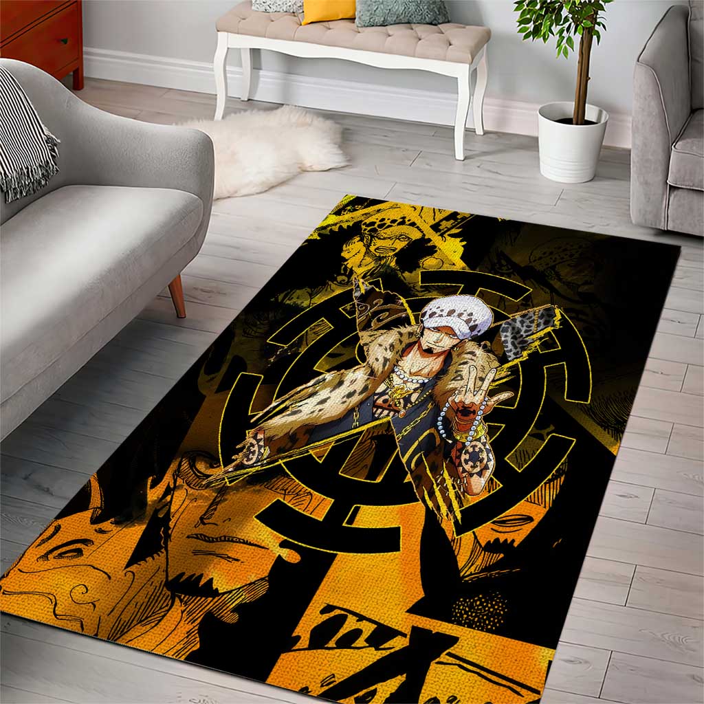 Trafalgar Law One Piece Yellow and Black Theme Area Rug with Jolly Roger Symbol and Manga Panel Design - The Mazicc
