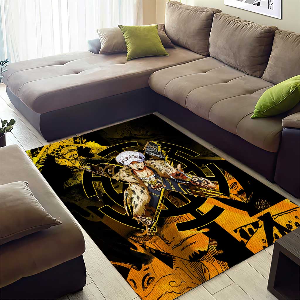 Trafalgar Law One Piece Yellow and Black Theme Area Rug with Jolly Roger Symbol and Manga Panel Design - The Mazicc