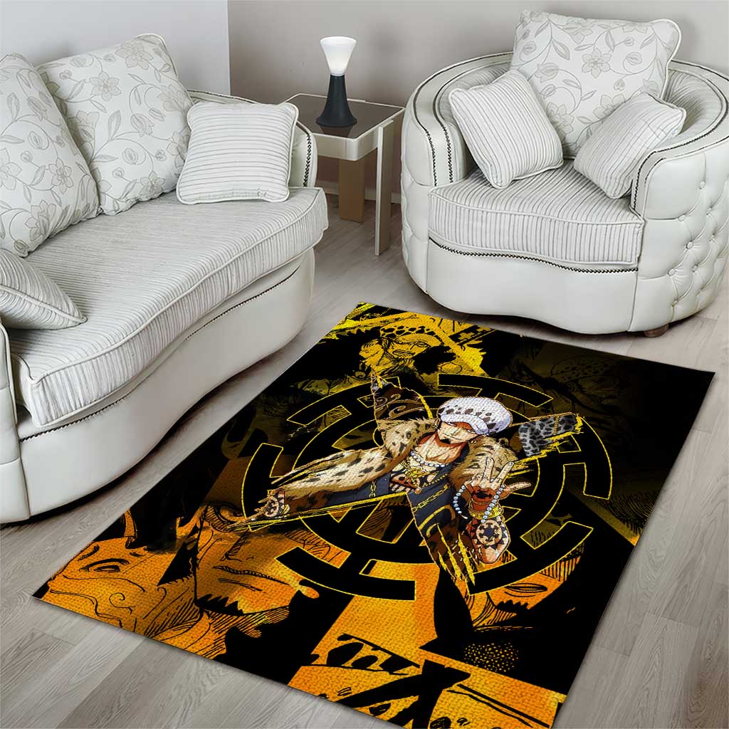 Trafalgar Law One Piece Yellow and Black Theme Area Rug with Jolly Roger Symbol and Manga Panel Design - The Mazicc