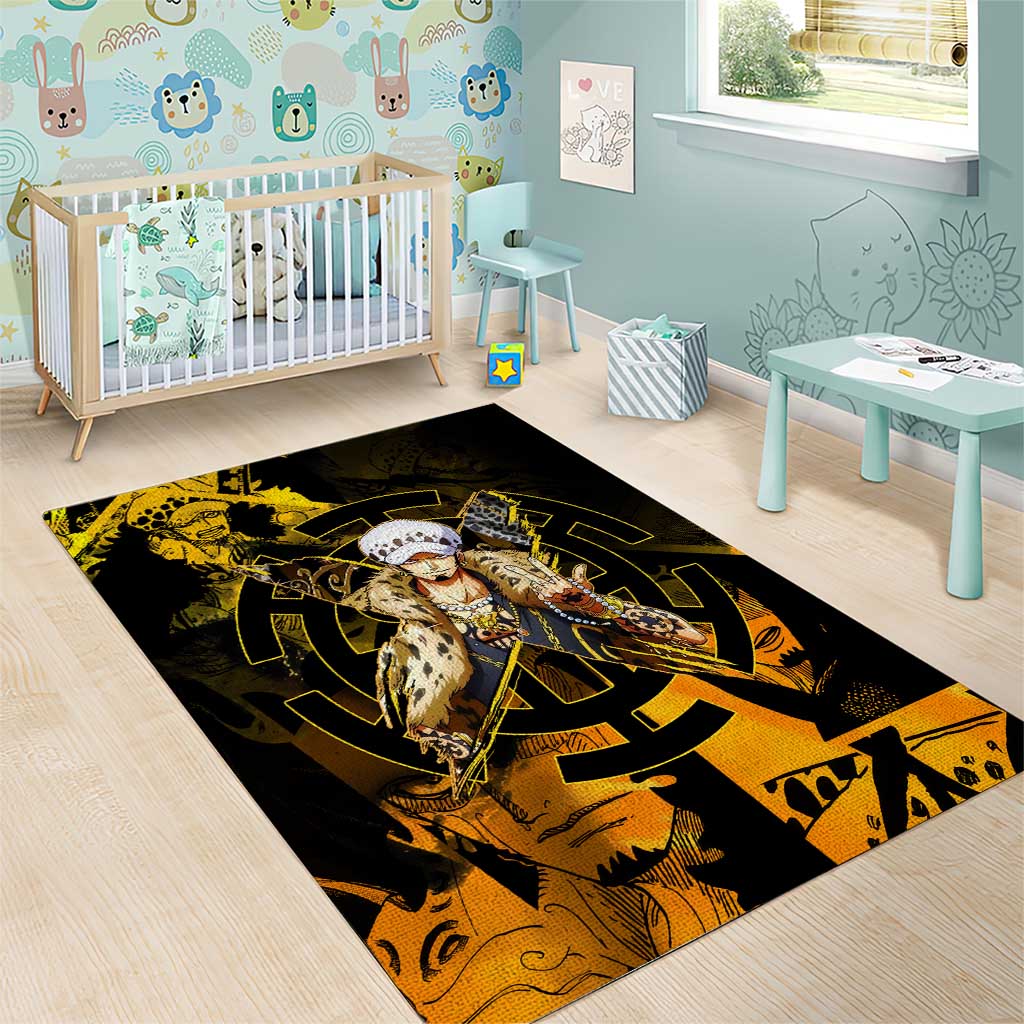 Trafalgar Law One Piece Yellow and Black Theme Area Rug with Jolly Roger Symbol and Manga Panel Design - The Mazicc