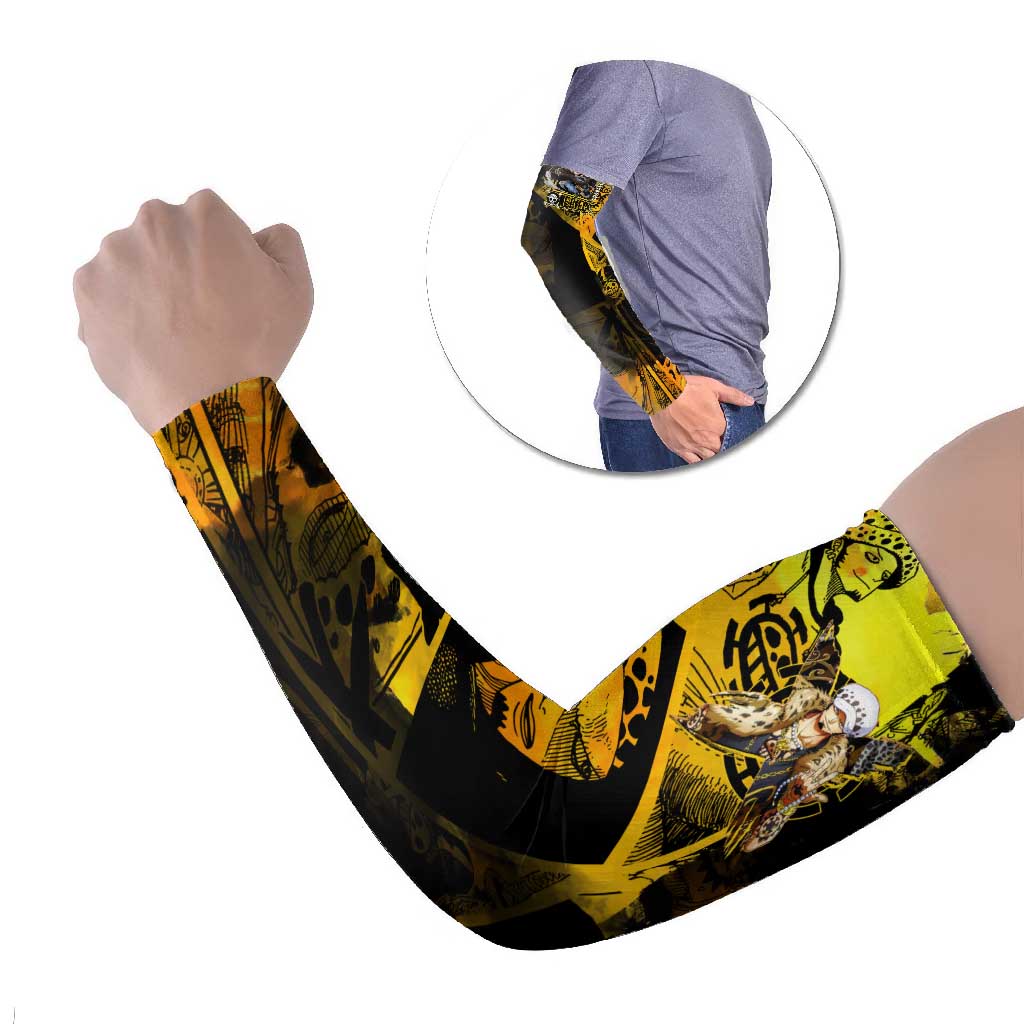 Trafalgar Law One Piece Yellow and Black Theme Arm Sleeves with Jolly Roger Symbol and Manga Panel Design - The Mazicc