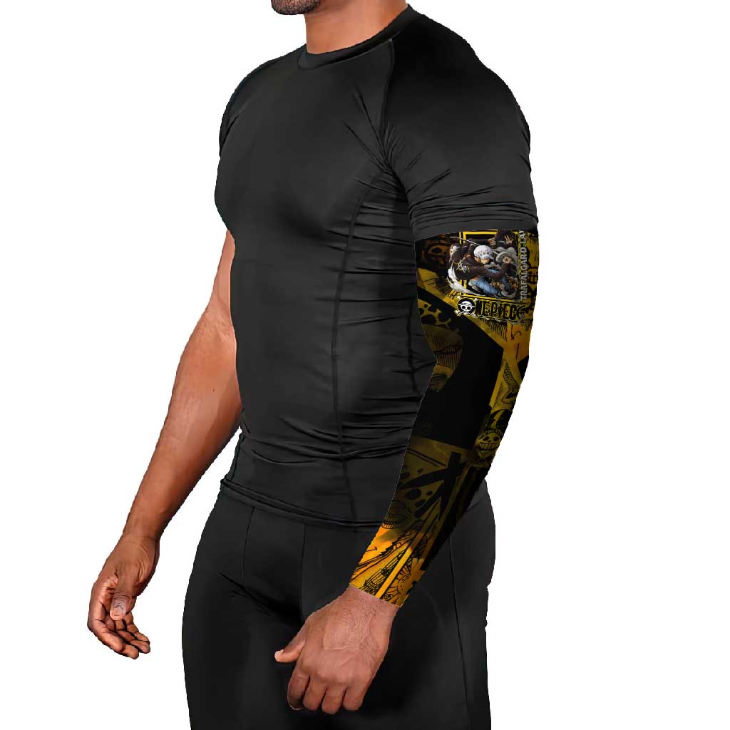 Trafalgar Law One Piece Yellow and Black Theme Arm Sleeves with Jolly Roger Symbol and Manga Panel Design - The Mazicc