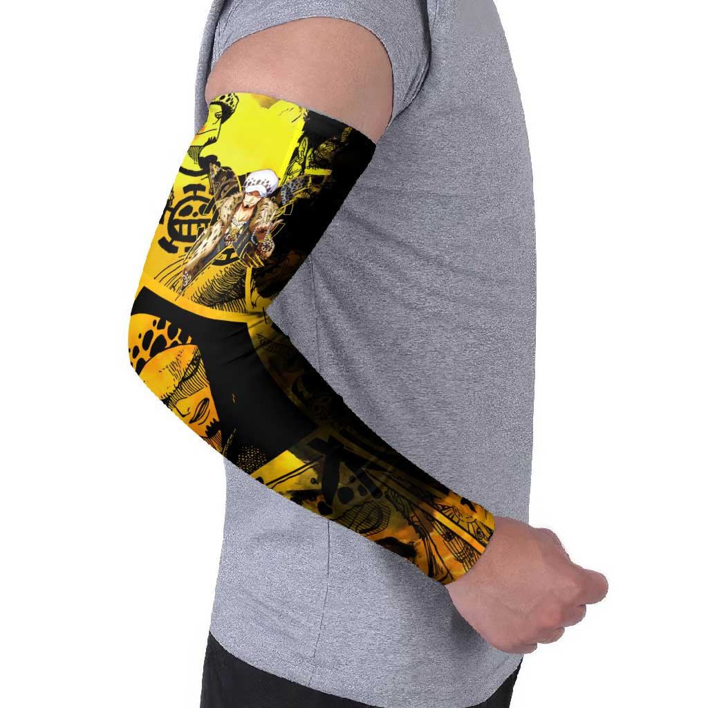Trafalgar Law One Piece Yellow and Black Theme Arm Sleeves with Jolly Roger Symbol and Manga Panel Design - The Mazicc