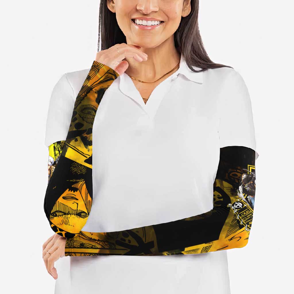 Trafalgar Law One Piece Yellow and Black Theme Arm Sleeves with Jolly Roger Symbol and Manga Panel Design - The Mazicc