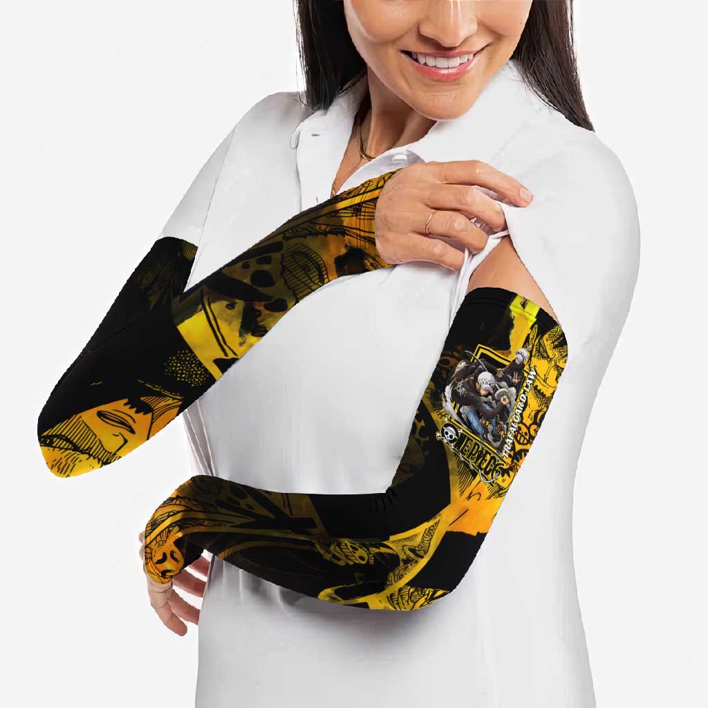 Trafalgar Law One Piece Yellow and Black Theme Arm Sleeves with Jolly Roger Symbol and Manga Panel Design - The Mazicc