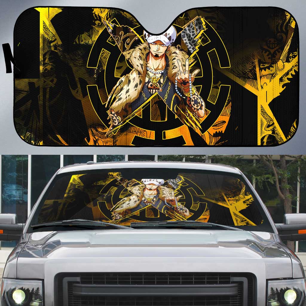 Trafalgar Law One Piece Yellow and Black Theme Auto Sun Shade with Jolly Roger Symbol and Manga Panel Design - The Mazicc