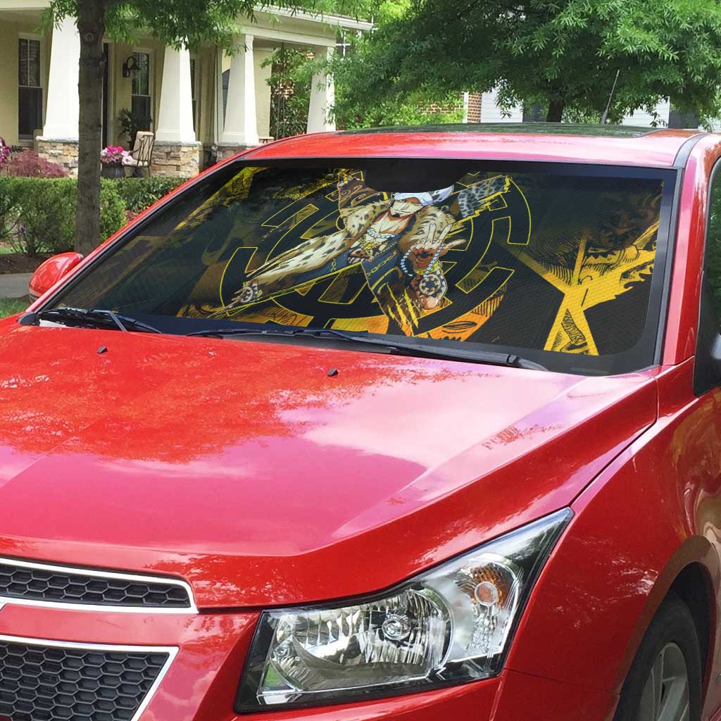 Trafalgar Law One Piece Yellow and Black Theme Auto Sun Shade with Jolly Roger Symbol and Manga Panel Design - The Mazicc