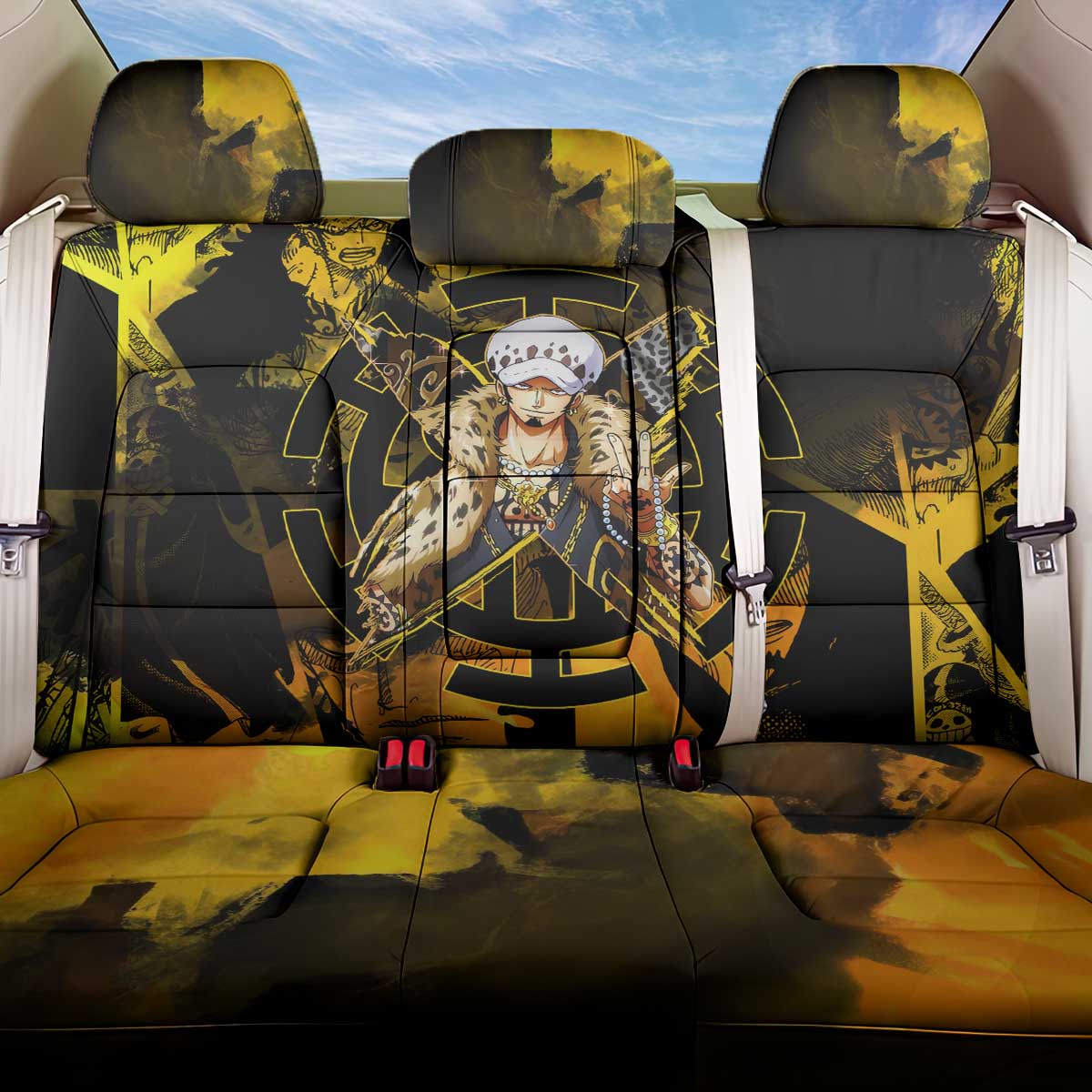 Trafalgar Law One Piece Yellow and Black Theme Back Car Seat Cover with Jolly Roger Symbol and Manga Panel Design - The Mazicc