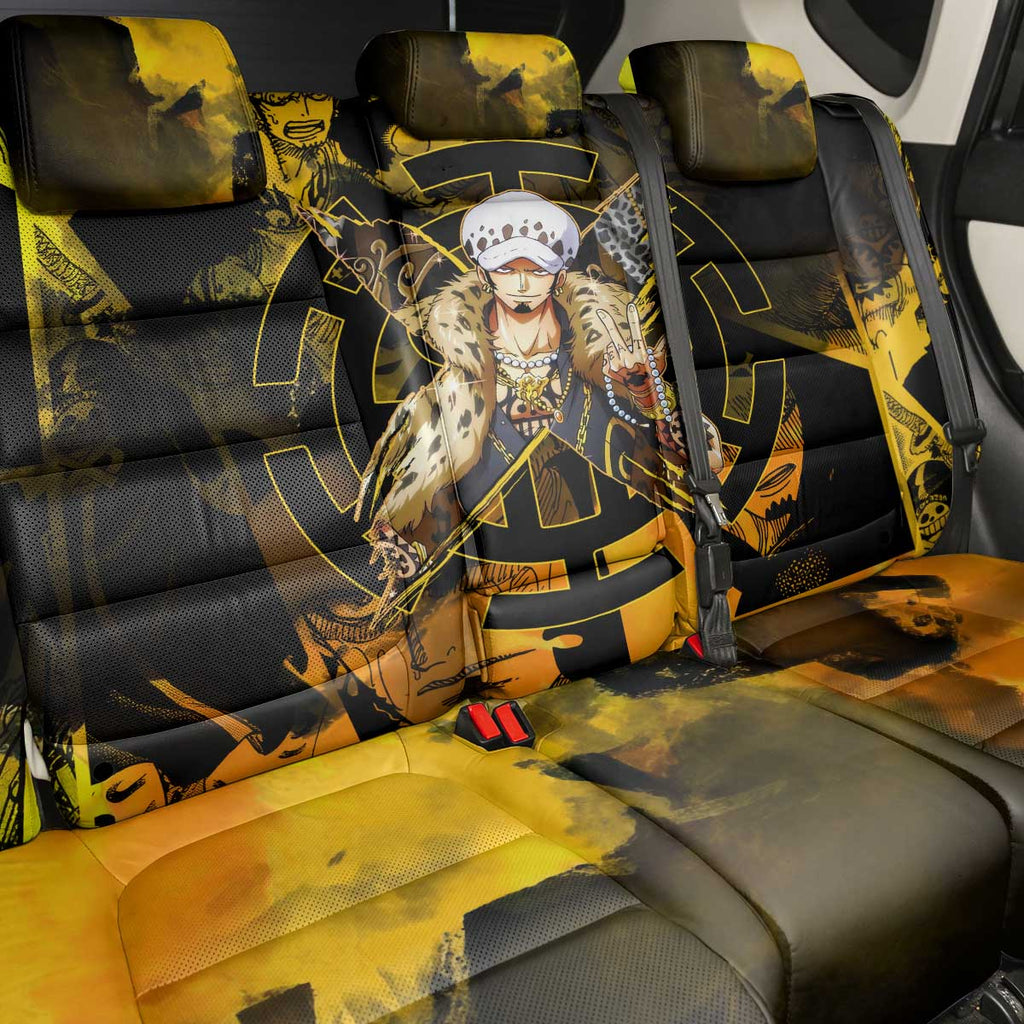 Trafalgar Law One Piece Yellow and Black Theme Back Car Seat Cover with Jolly Roger Symbol and Manga Panel Design - The Mazicc