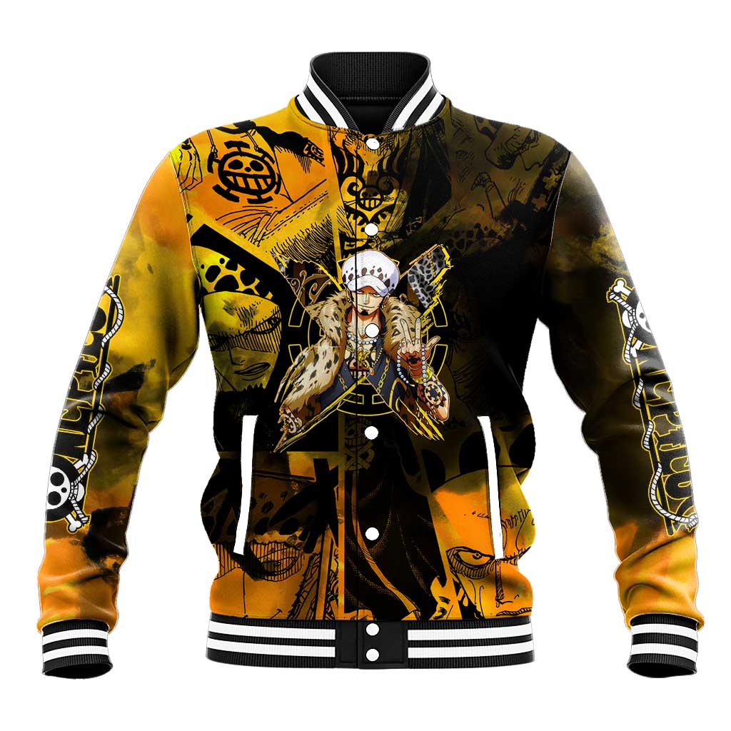 Trafalgar Law One Piece Yellow and Black Theme Baseball Jacket with Jolly Roger Symbol and Manga Panel Design - The Mazicc