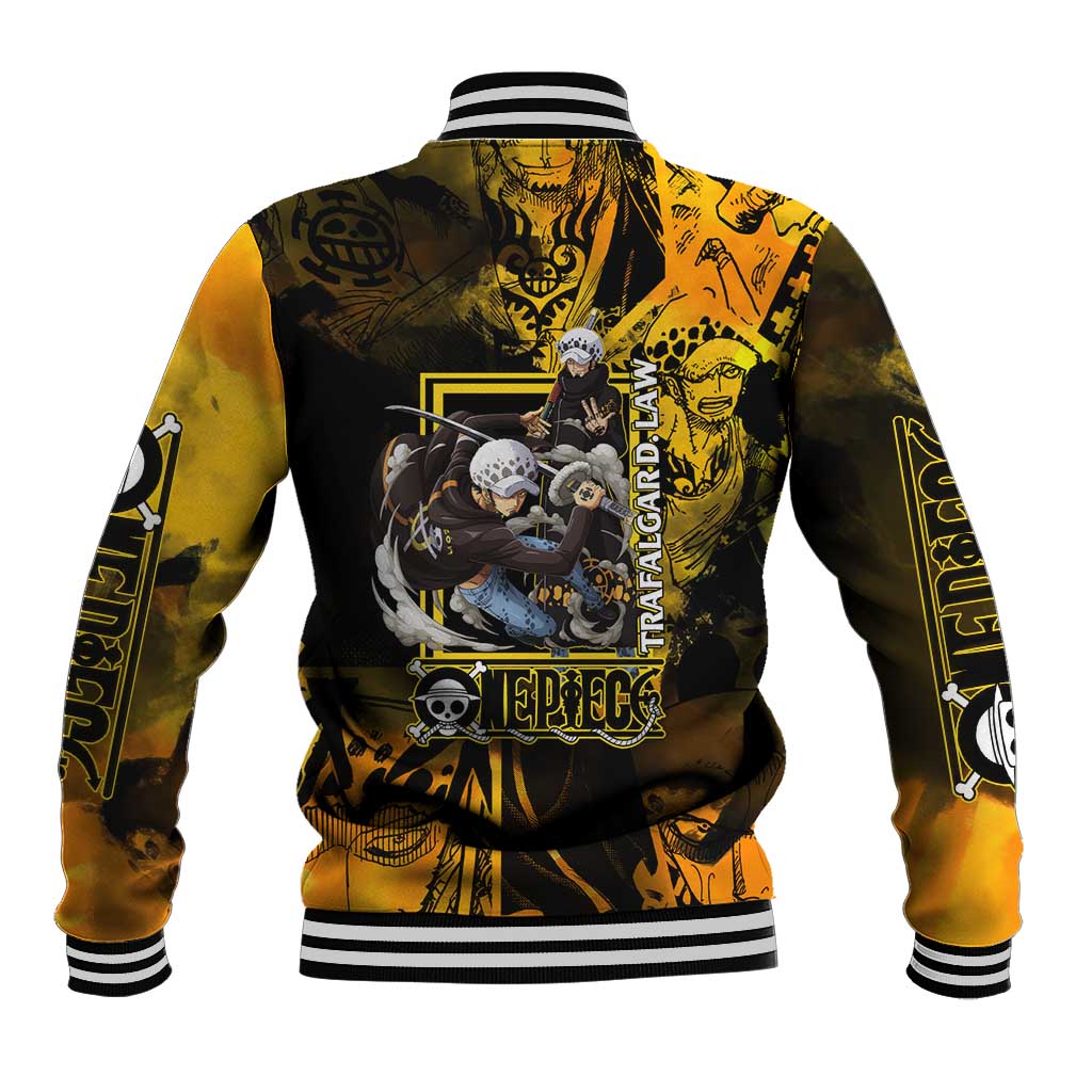 Trafalgar Law One Piece Yellow and Black Theme Baseball Jacket with Jolly Roger Symbol and Manga Panel Design - The Mazicc