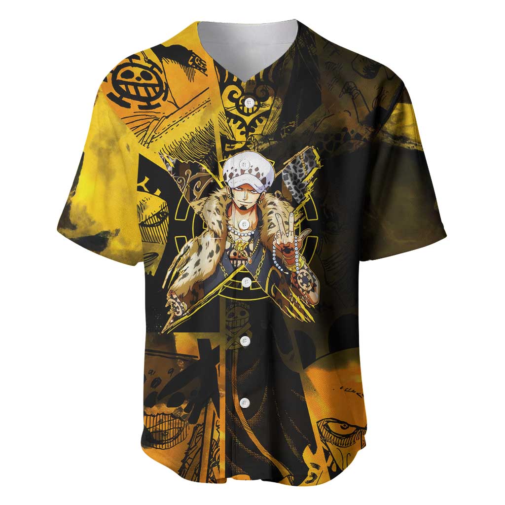 Trafalgar Law One Piece Yellow and Black Theme Baseball Jersey with Jolly Roger Symbol and Manga Panel Design - The Mazicc