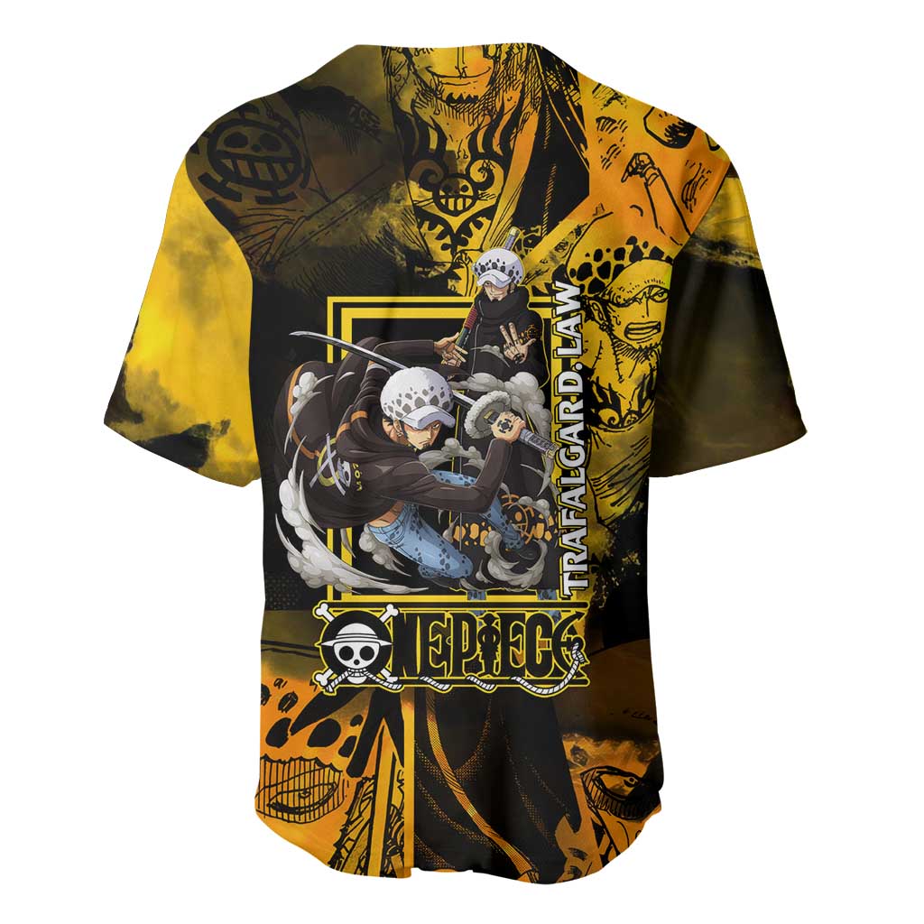 Trafalgar Law One Piece Yellow and Black Theme Baseball Jersey with Jolly Roger Symbol and Manga Panel Design - The Mazicc
