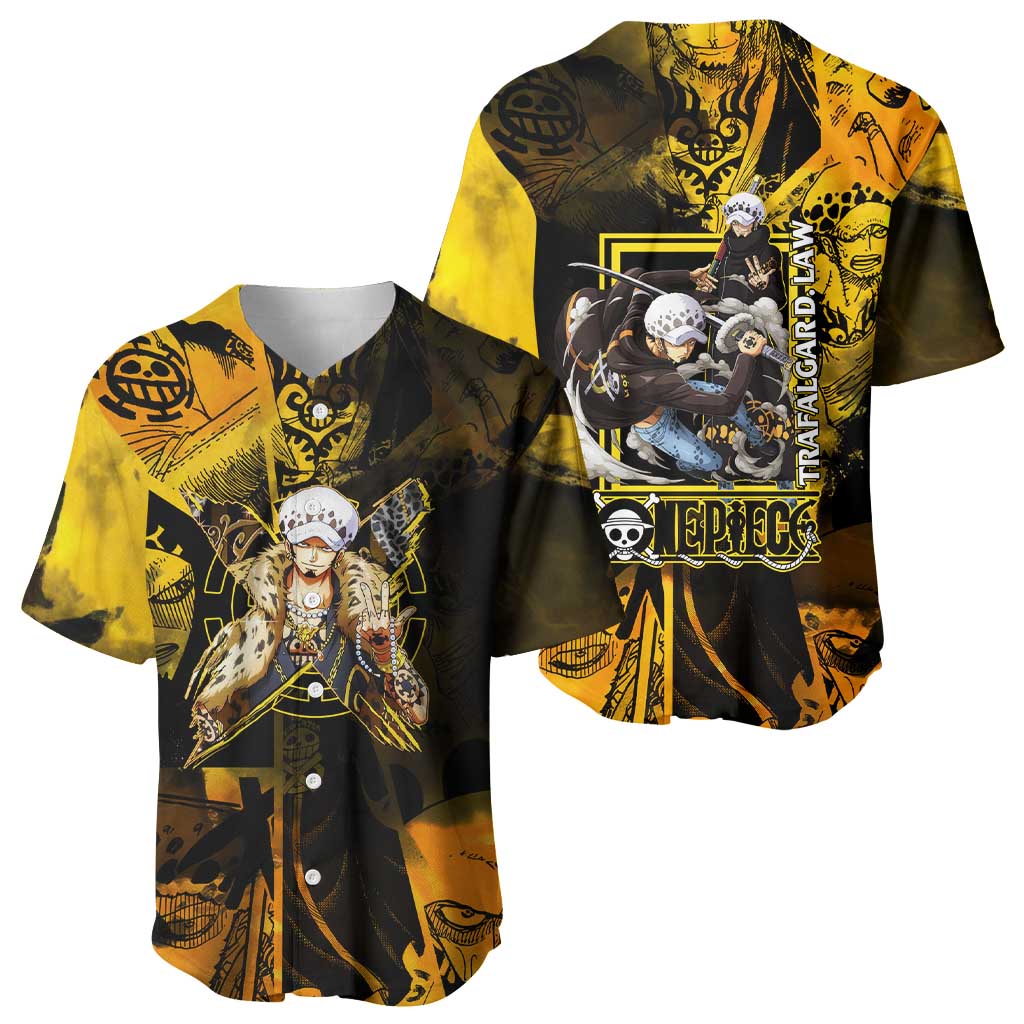 Trafalgar Law One Piece Yellow and Black Theme Baseball Jersey with Jolly Roger Symbol and Manga Panel Design - The Mazicc