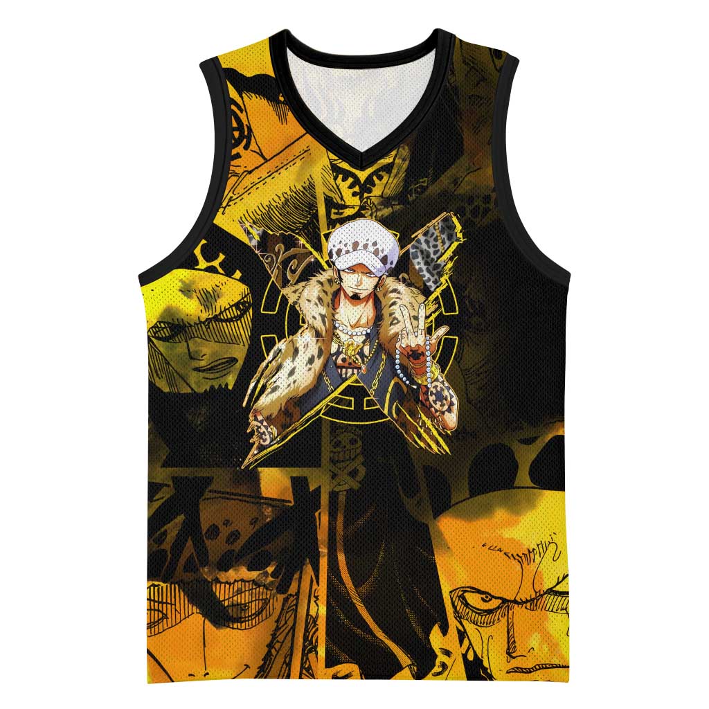 Trafalgar Law One Piece Yellow and Black Theme Basketball Jersey with Jolly Roger Symbol and Manga Panel Design - The Mazicc