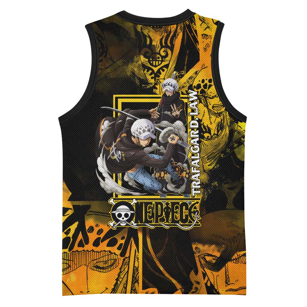 Trafalgar Law One Piece Yellow and Black Theme Basketball Jersey with Jolly Roger Symbol and Manga Panel Design - The Mazicc