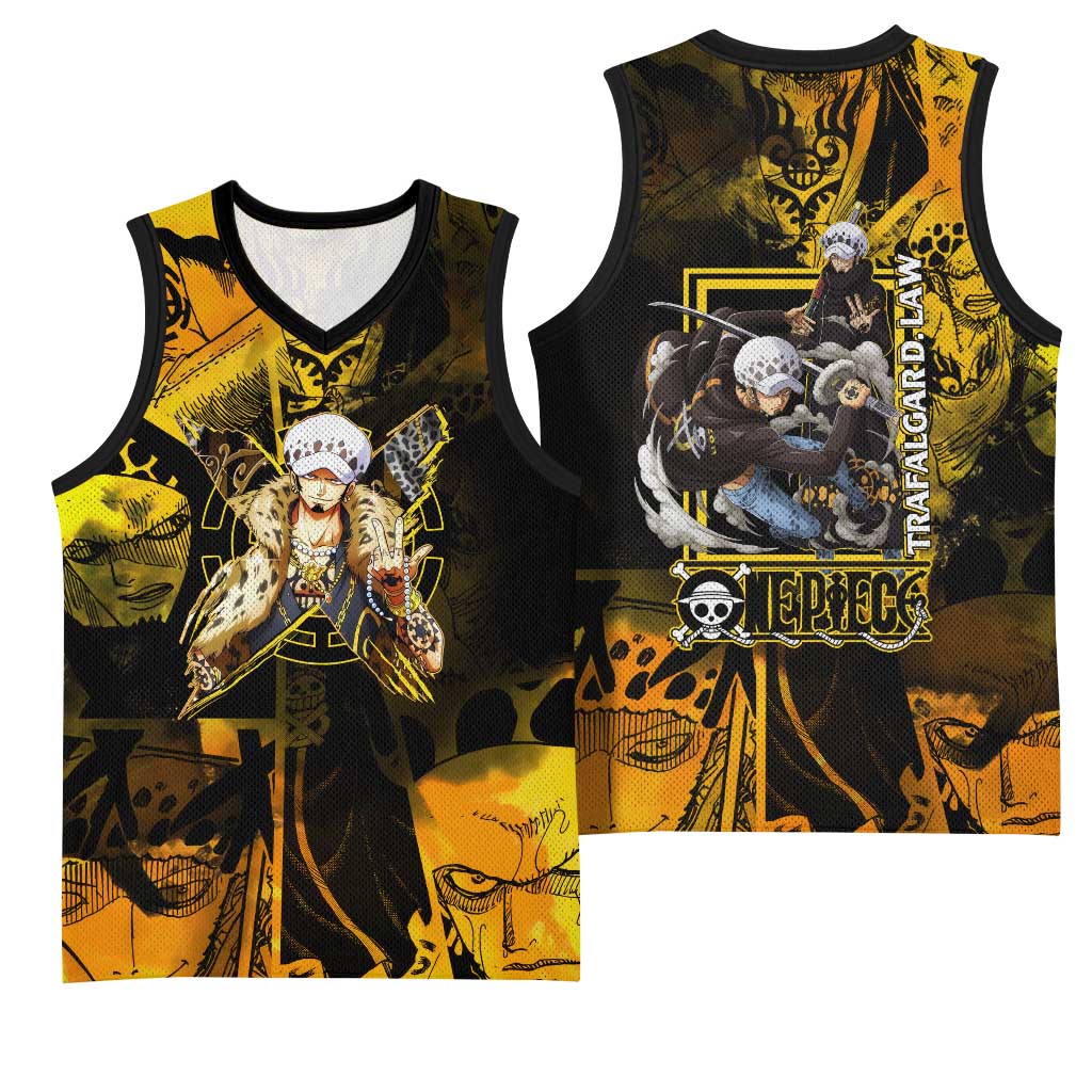 Trafalgar Law One Piece Yellow and Black Theme Basketball Jersey with Jolly Roger Symbol and Manga Panel Design - The Mazicc