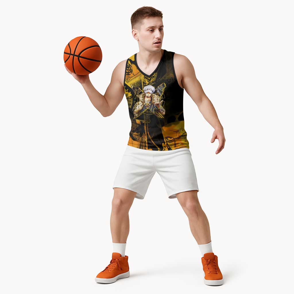 Trafalgar Law One Piece Yellow and Black Theme Basketball Jersey with Jolly Roger Symbol and Manga Panel Design - The Mazicc