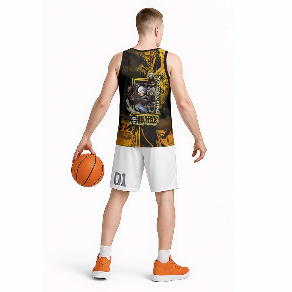 Trafalgar Law One Piece Yellow and Black Theme Basketball Jersey with Jolly Roger Symbol and Manga Panel Design - The Mazicc