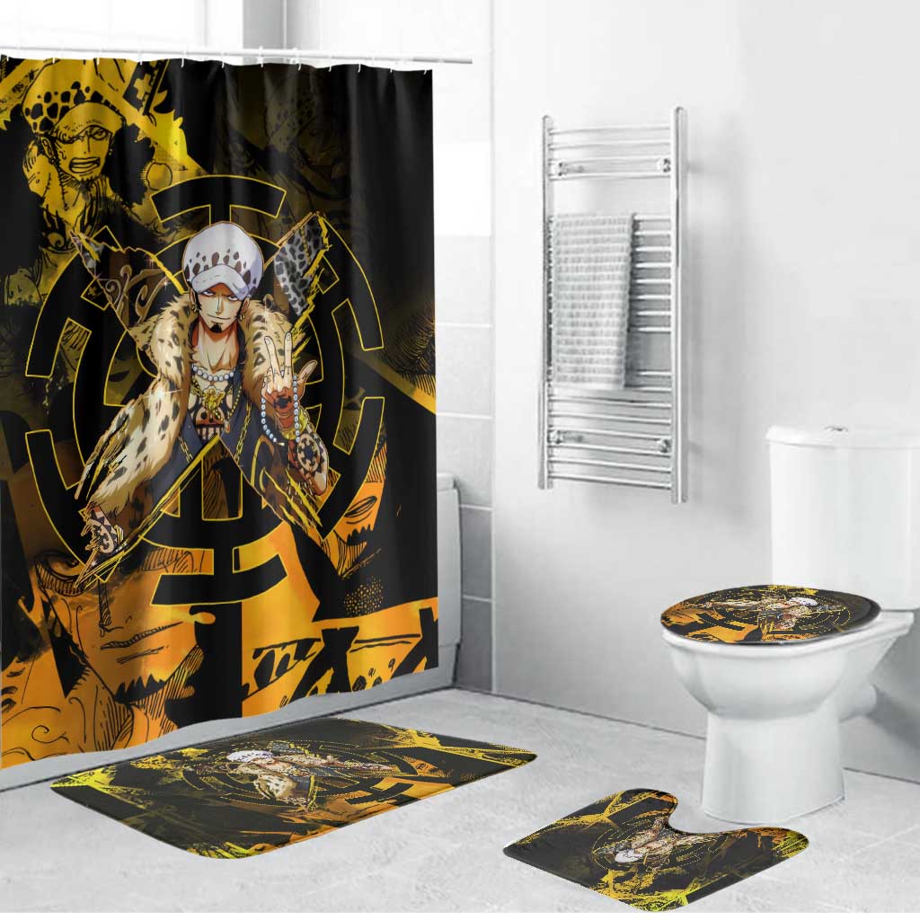 Trafalgar Law One Piece Yellow and Black Theme Bathroom Set with Jolly Roger Symbol and Manga Panel Design - The Mazicc