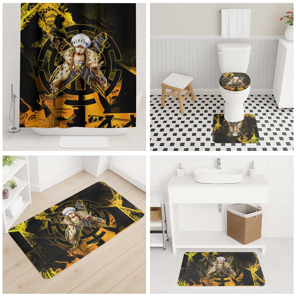 Trafalgar Law One Piece Yellow and Black Theme Bathroom Set with Jolly Roger Symbol and Manga Panel Design - The Mazicc