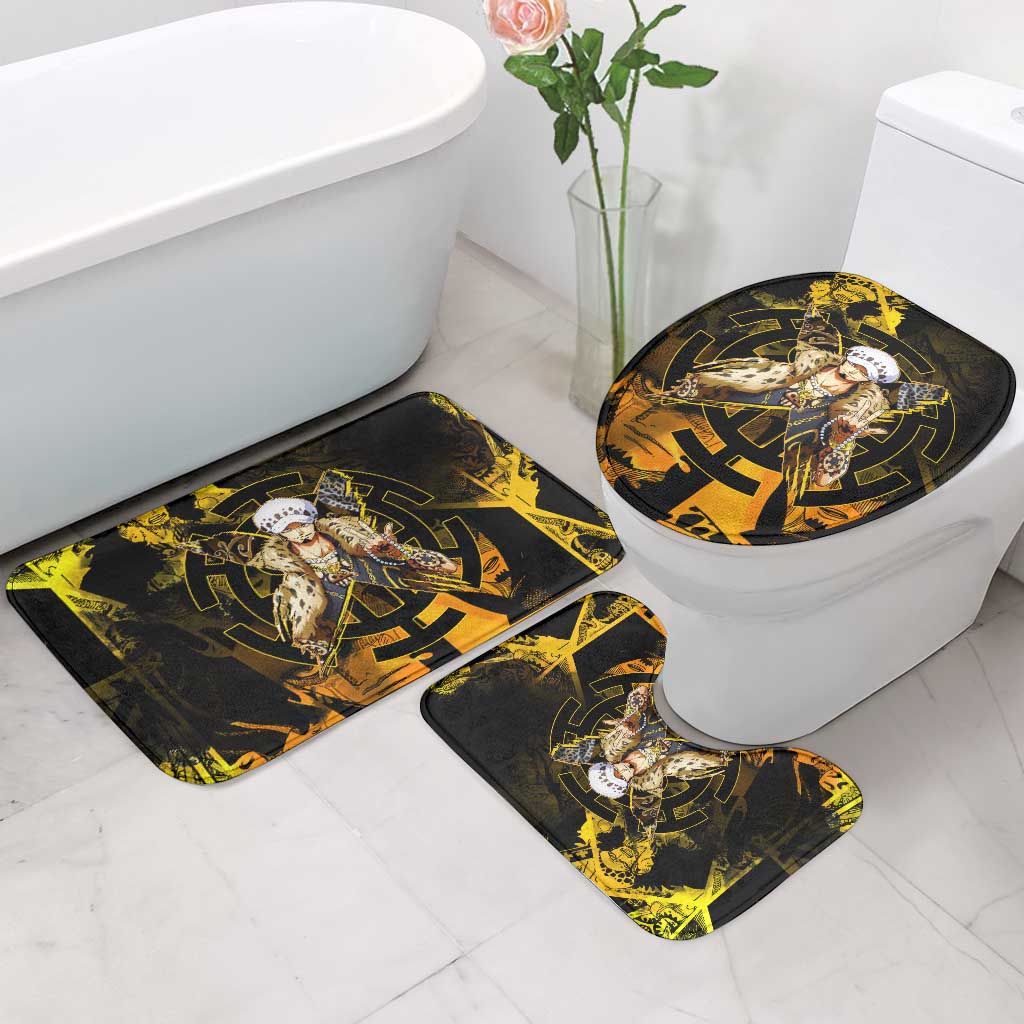 Trafalgar Law One Piece Yellow and Black Theme Bathroom Set with Jolly Roger Symbol and Manga Panel Design - The Mazicc