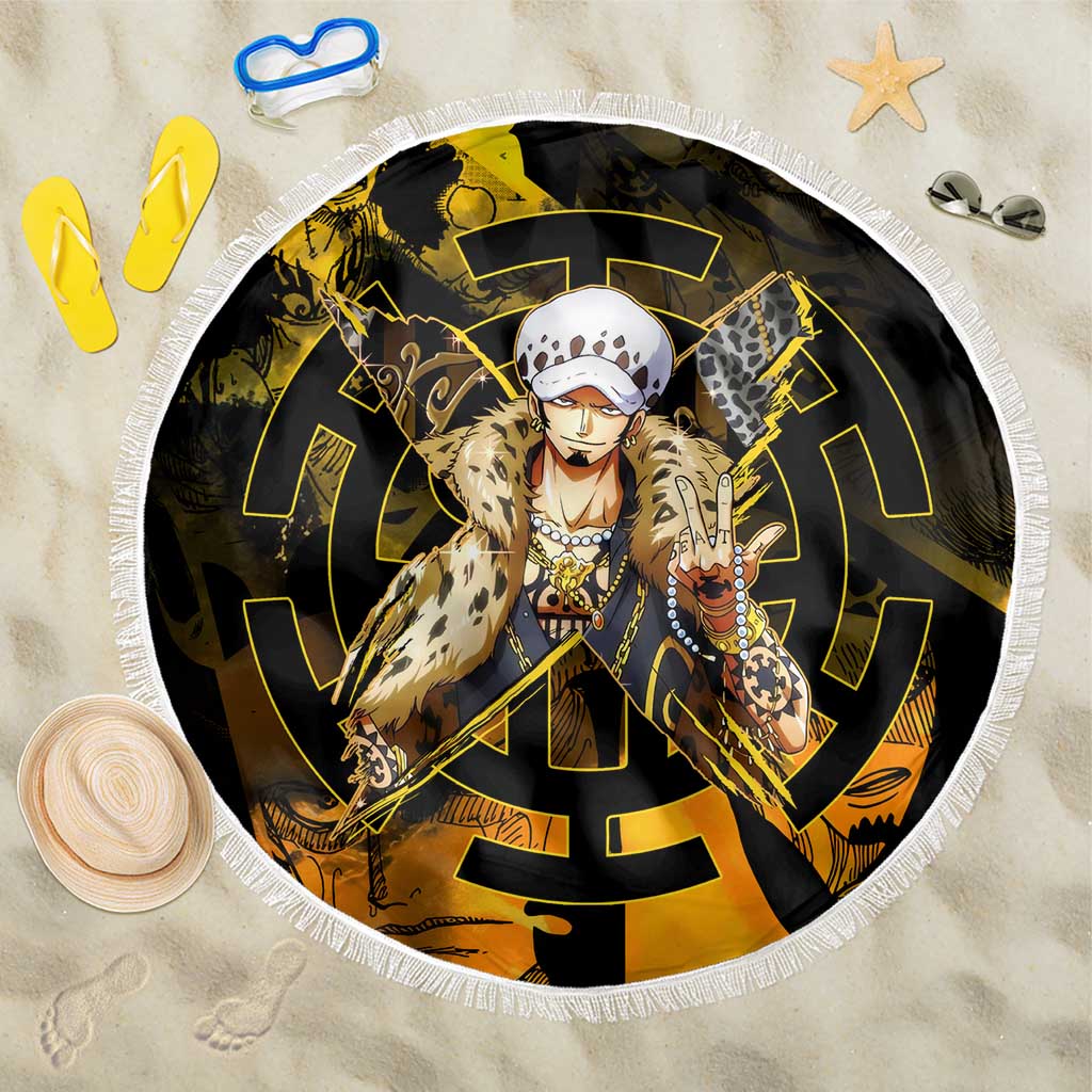 Trafalgar Law One Piece Yellow and Black Theme Beach Blanket with Jolly Roger Symbol and Manga Panel Design - The Mazicc