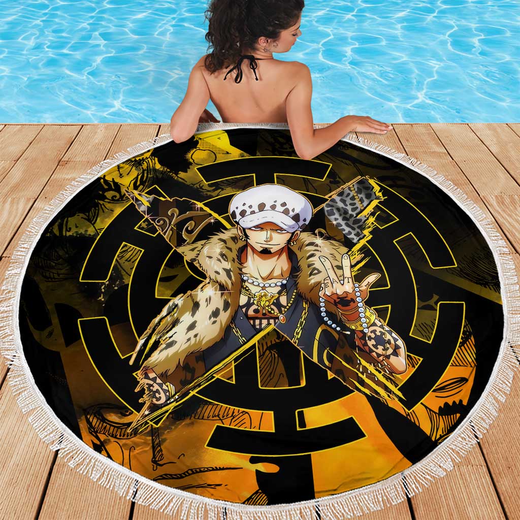 Trafalgar Law One Piece Yellow and Black Theme Beach Blanket with Jolly Roger Symbol and Manga Panel Design - The Mazicc
