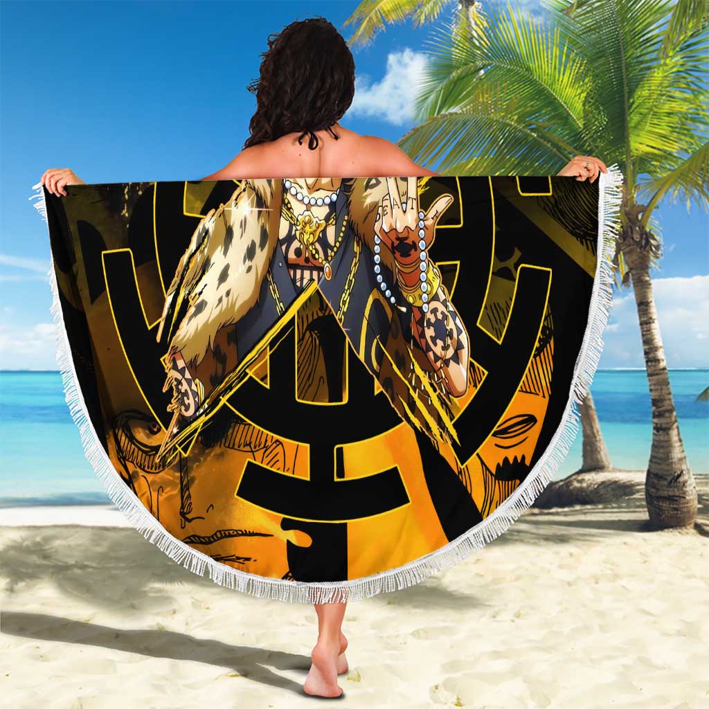 Trafalgar Law One Piece Yellow and Black Theme Beach Blanket with Jolly Roger Symbol and Manga Panel Design - The Mazicc