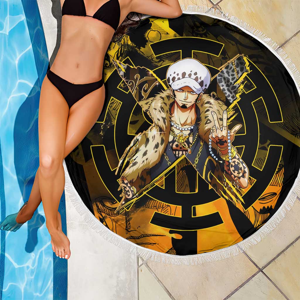 Trafalgar Law One Piece Yellow and Black Theme Beach Blanket with Jolly Roger Symbol and Manga Panel Design - The Mazicc