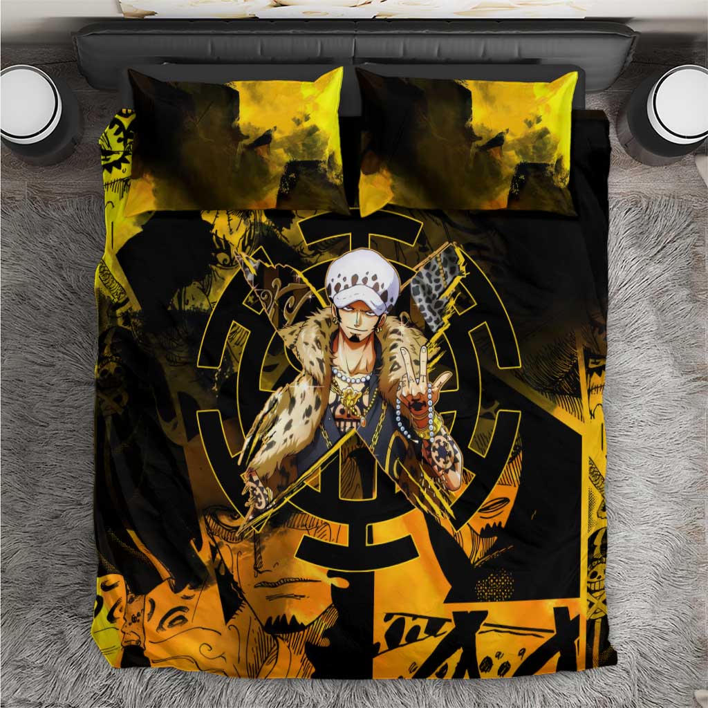 Trafalgar Law One Piece Yellow and Black Theme Bedding Set with Jolly Roger Symbol and Manga Panel Design - The Mazicc