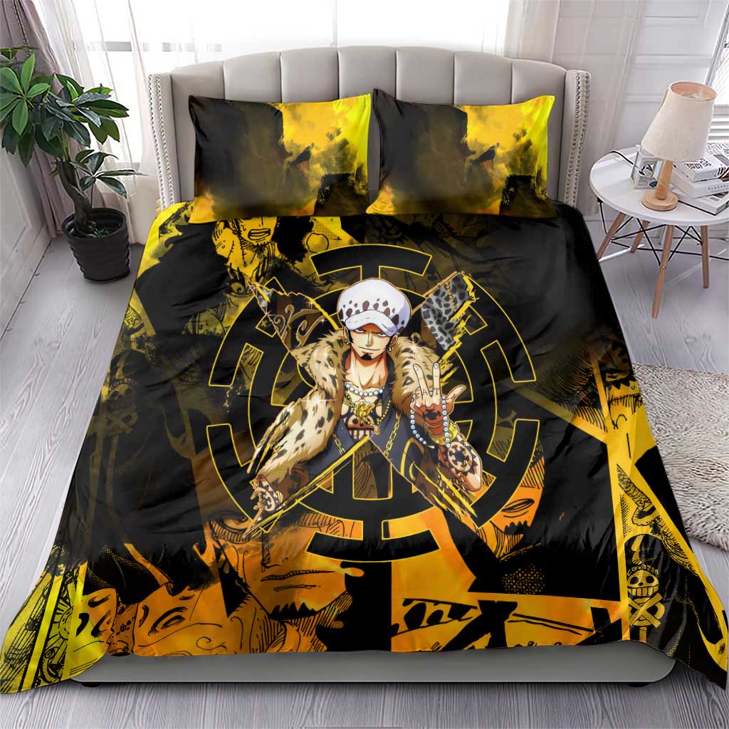 Trafalgar Law One Piece Yellow and Black Theme Bedding Set with Jolly Roger Symbol and Manga Panel Design - The Mazicc