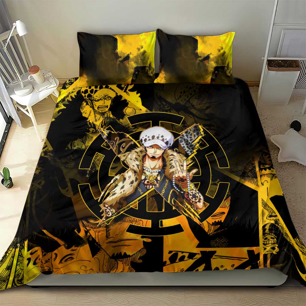 Trafalgar Law One Piece Yellow and Black Theme Bedding Set with Jolly Roger Symbol and Manga Panel Design - The Mazicc