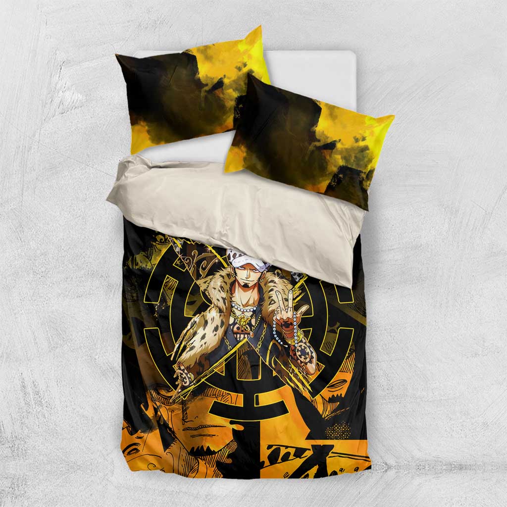Trafalgar Law One Piece Yellow and Black Theme Bedding Set with Jolly Roger Symbol and Manga Panel Design - The Mazicc