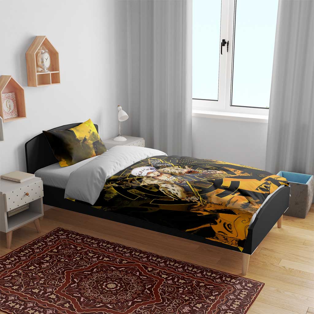 Trafalgar Law One Piece Yellow and Black Theme Bedding Set with Jolly Roger Symbol and Manga Panel Design - The Mazicc