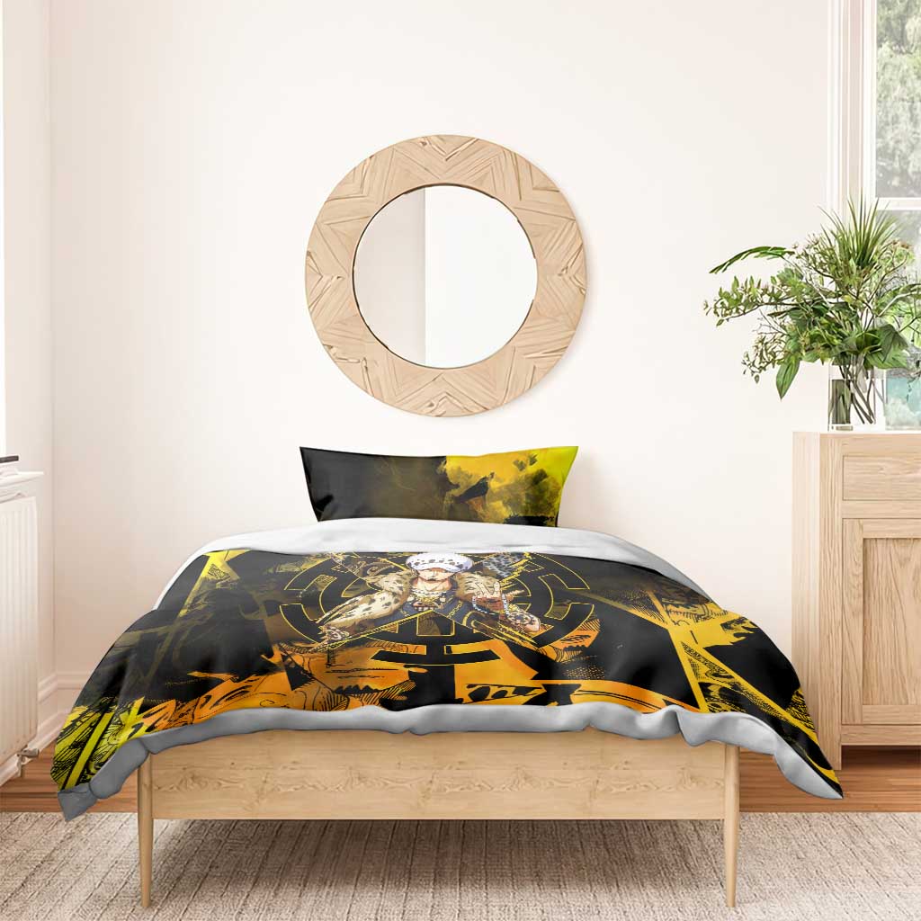 Trafalgar Law One Piece Yellow and Black Theme Bedding Set with Jolly Roger Symbol and Manga Panel Design - The Mazicc
