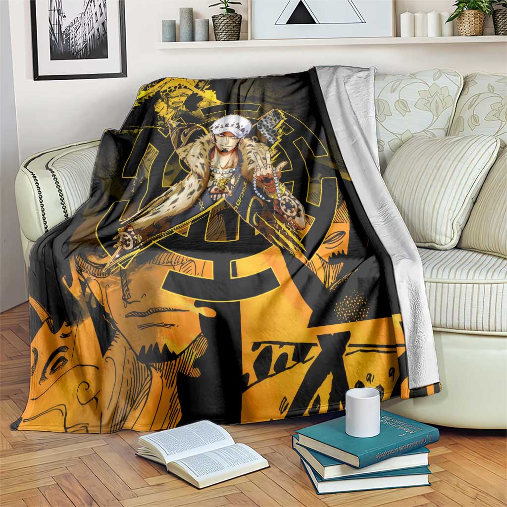 Trafalgar Law One Piece Yellow and Black Theme Blanket with Jolly Roger Symbol and Manga Panel Design - The Mazicc
