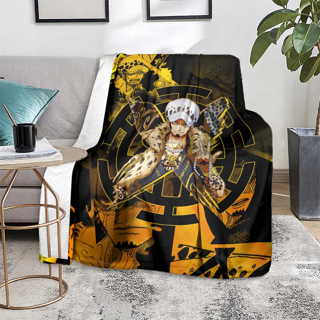 Trafalgar Law One Piece Yellow and Black Theme Blanket with Jolly Roger Symbol and Manga Panel Design - The Mazicc
