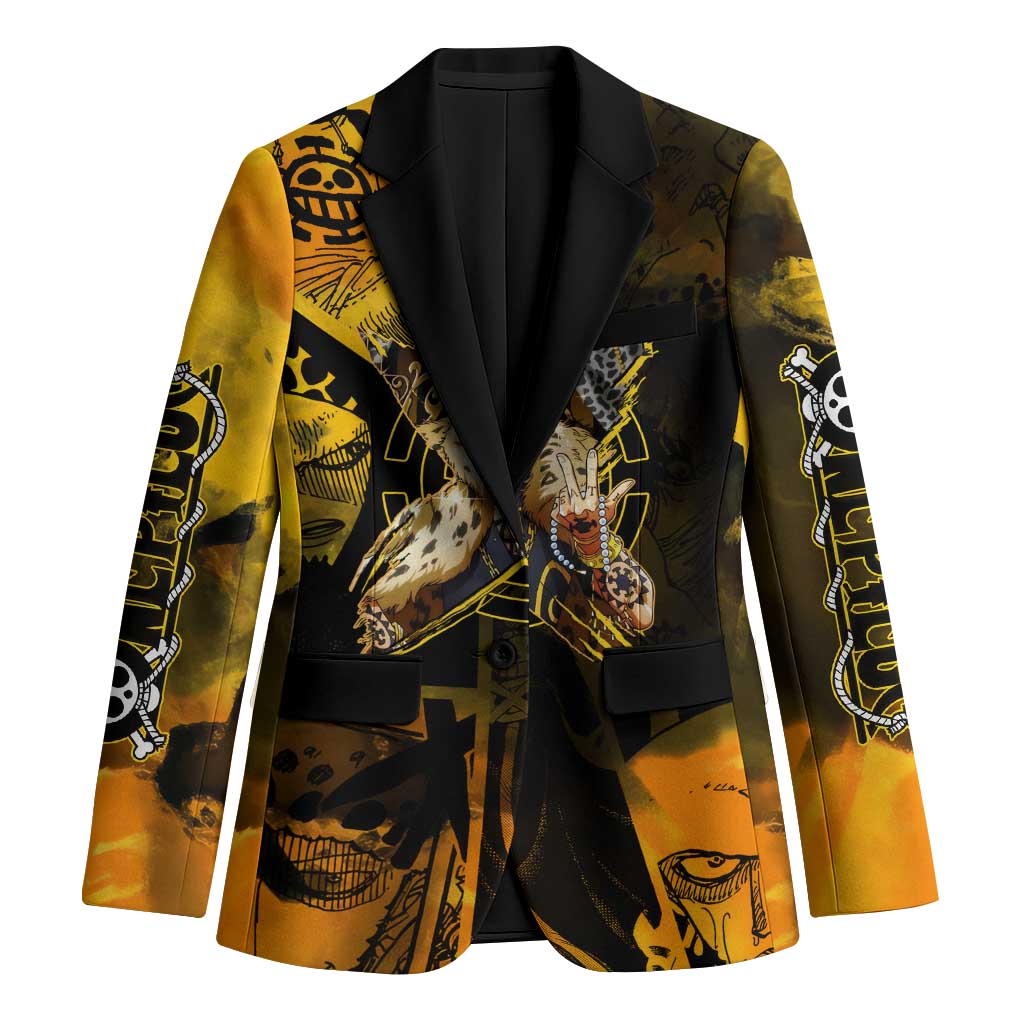 Trafalgar Law One Piece Yellow and Black Theme Blazer with Jolly Roger Symbol and Manga Panel Design - The Mazicc