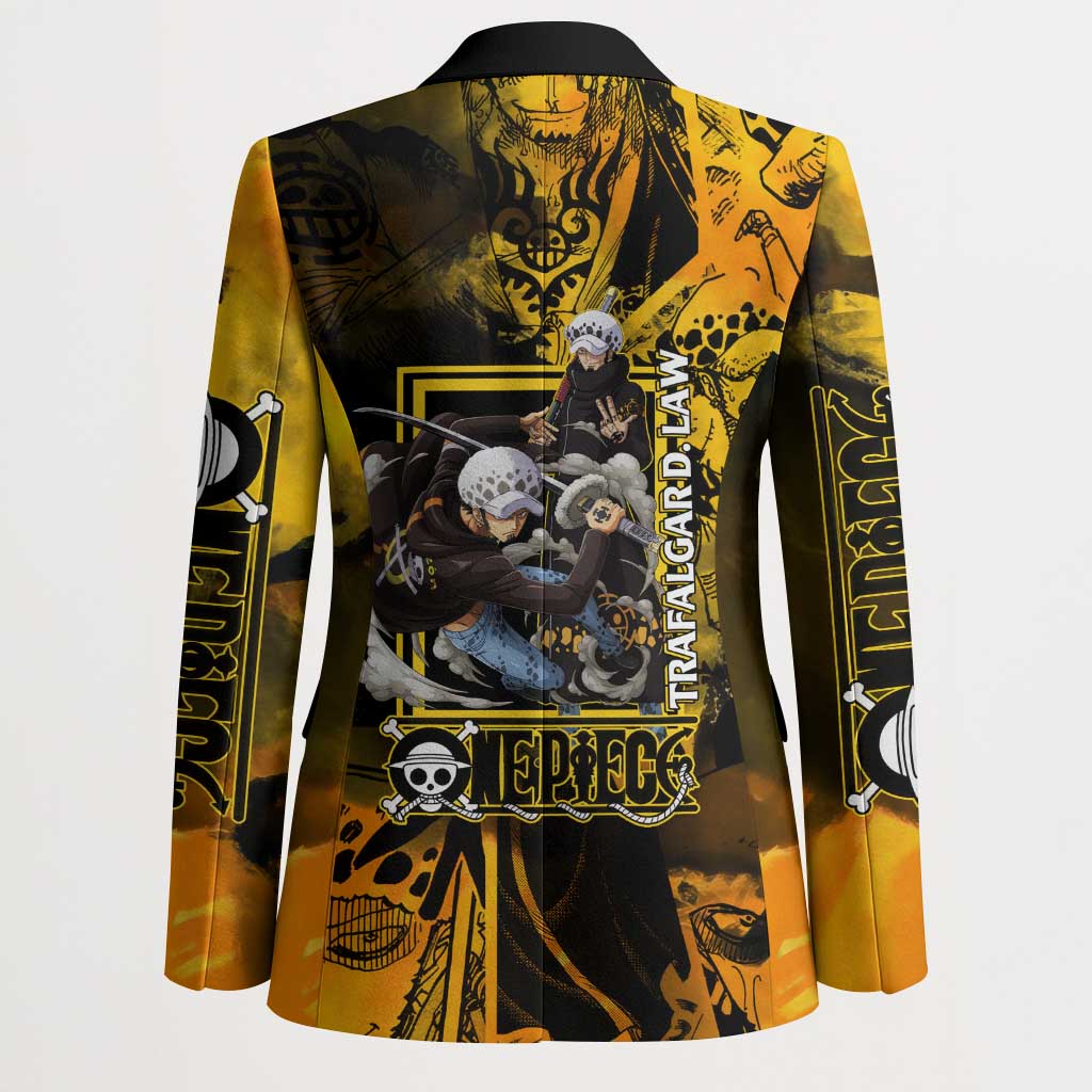 Trafalgar Law One Piece Yellow and Black Theme Blazer with Jolly Roger Symbol and Manga Panel Design - The Mazicc