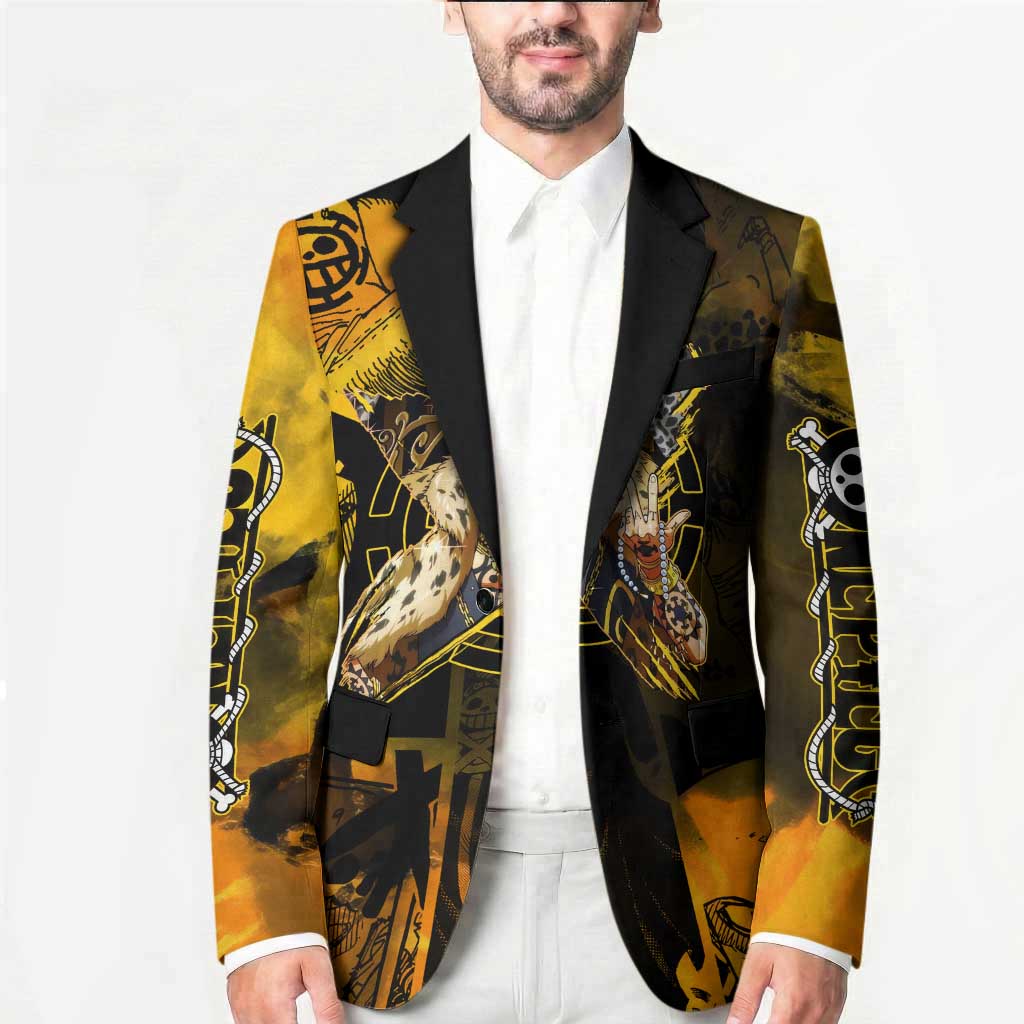 Trafalgar Law One Piece Yellow and Black Theme Blazer with Jolly Roger Symbol and Manga Panel Design - The Mazicc