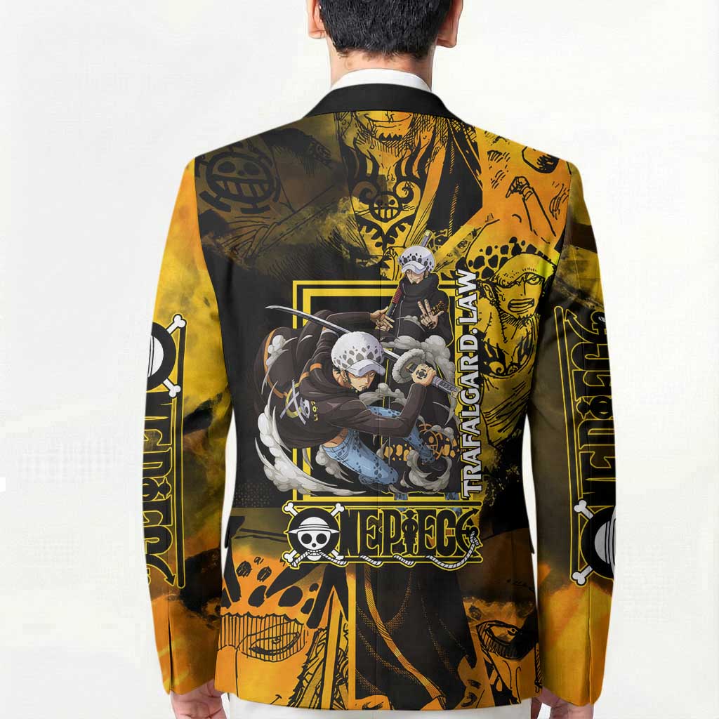Trafalgar Law One Piece Yellow and Black Theme Blazer with Jolly Roger Symbol and Manga Panel Design - The Mazicc