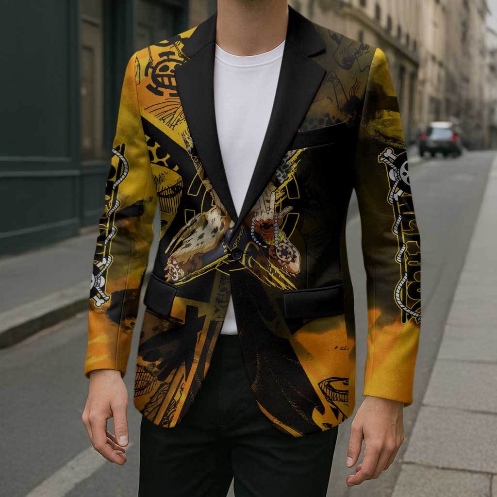 Trafalgar Law One Piece Yellow and Black Theme Blazer with Jolly Roger Symbol and Manga Panel Design - The Mazicc