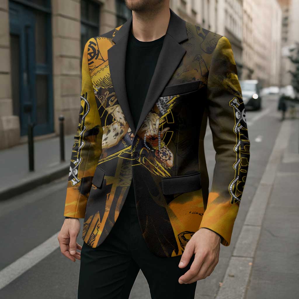 Trafalgar Law One Piece Yellow and Black Theme Blazer with Jolly Roger Symbol and Manga Panel Design - The Mazicc