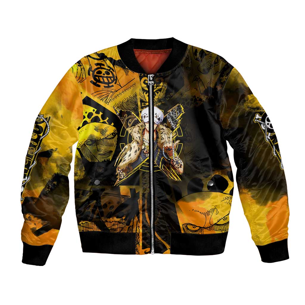 Trafalgar Law One Piece Yellow and Black Theme Bomber Jacket with Jolly Roger Symbol and Manga Panel Design - The Mazicc