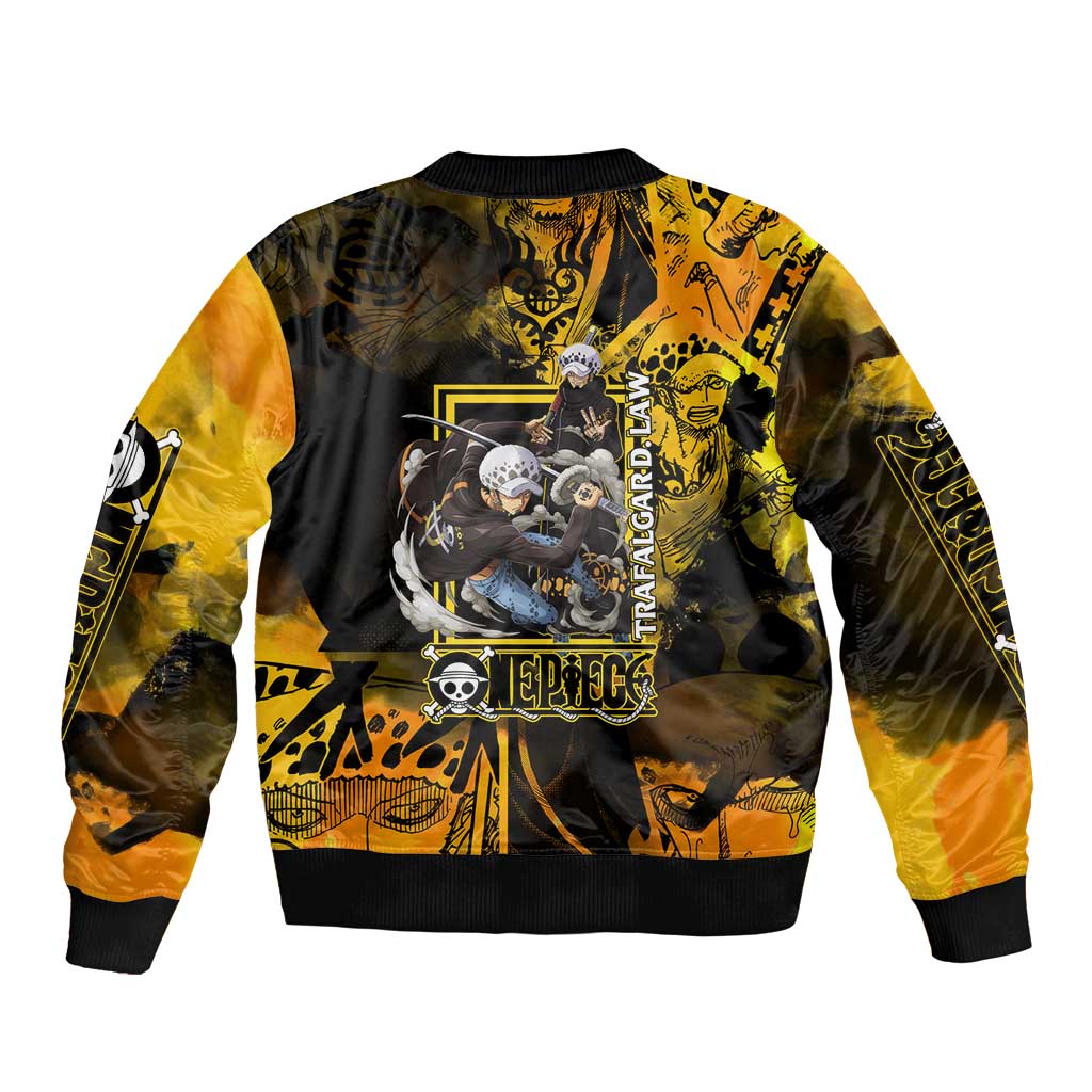 Trafalgar Law One Piece Yellow and Black Theme Bomber Jacket with Jolly Roger Symbol and Manga Panel Design - The Mazicc