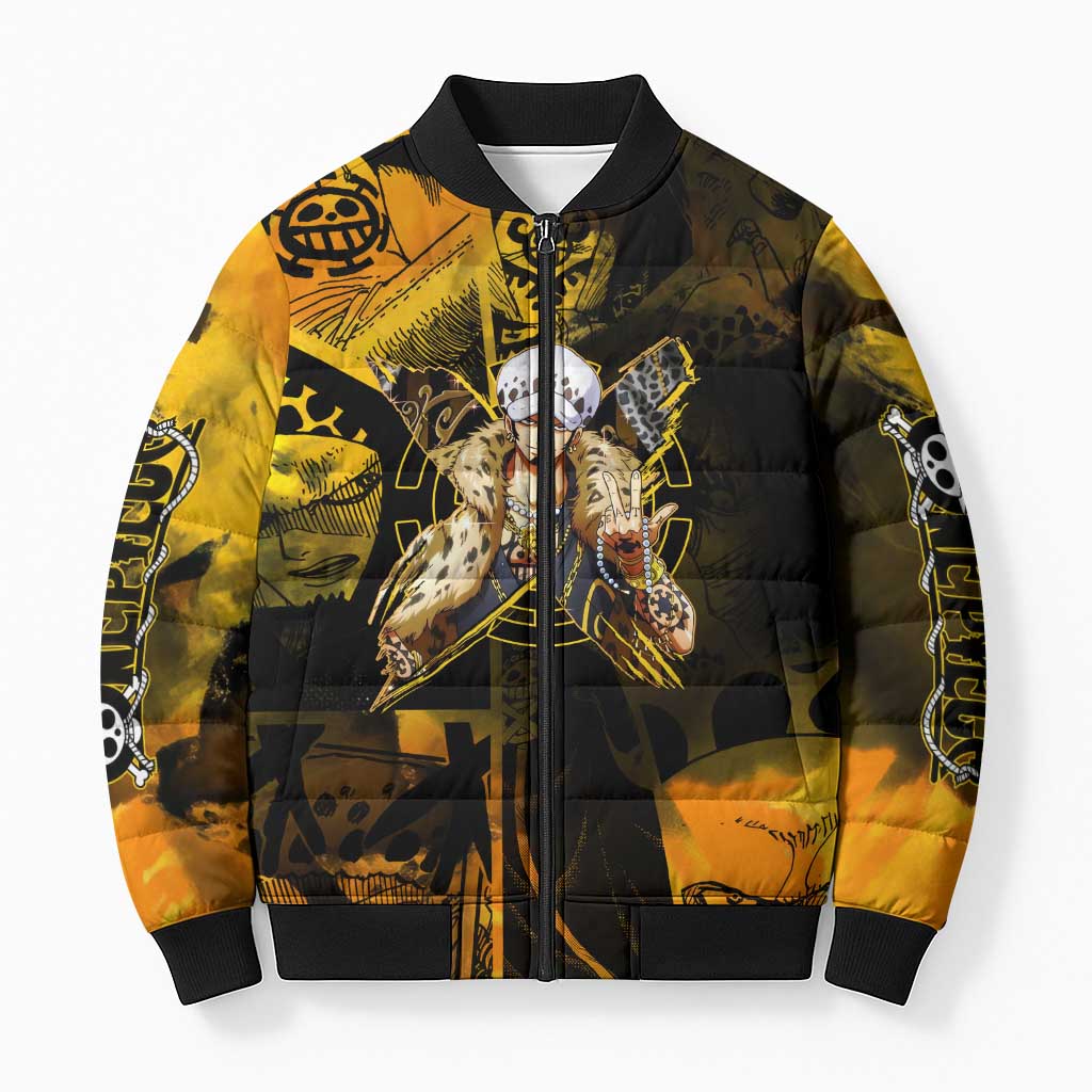 Trafalgar Law One Piece Yellow and Black Theme Bomber Puffer Jacket with Jolly Roger Symbol and Manga Panel Design - The Mazicc