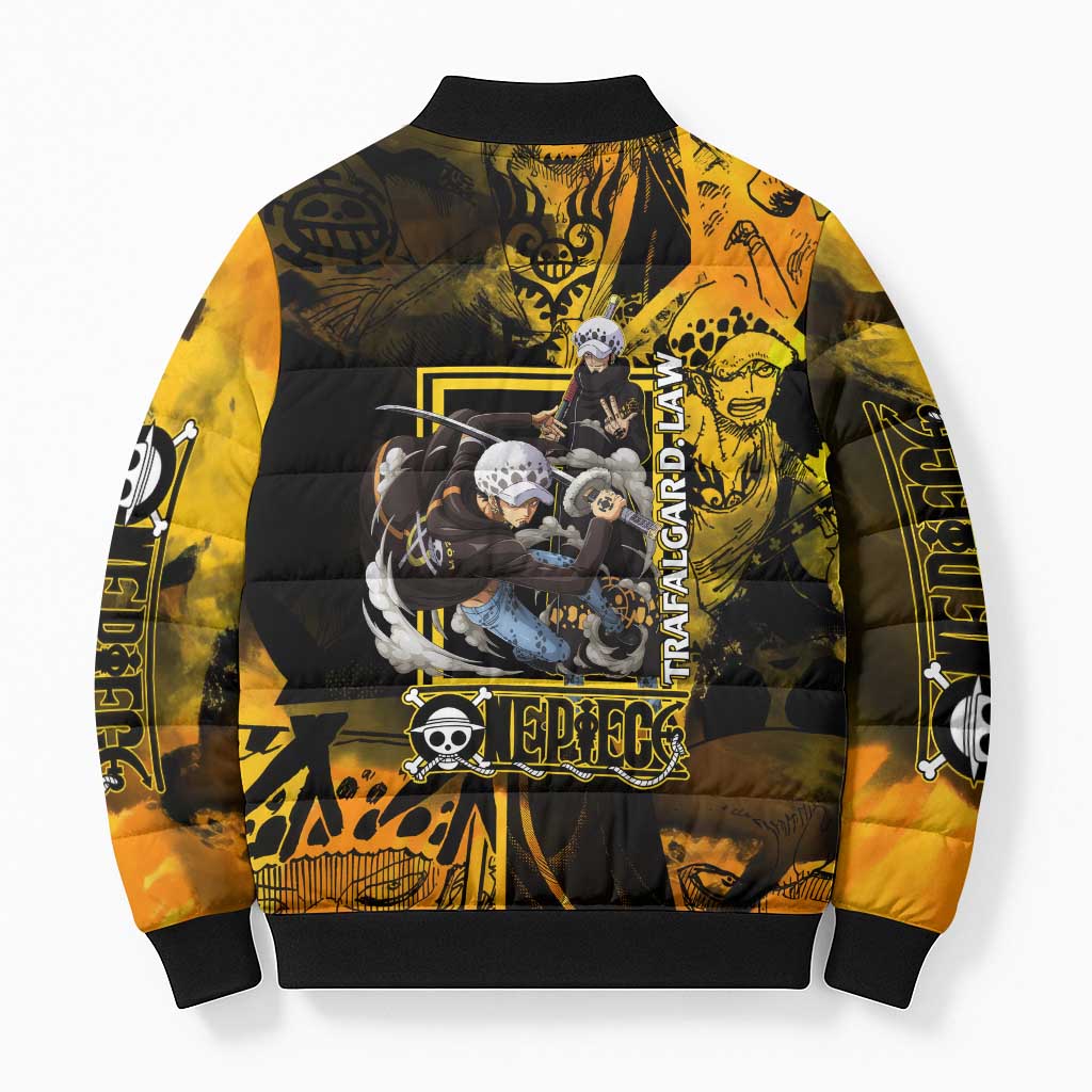Trafalgar Law One Piece Yellow and Black Theme Bomber Puffer Jacket with Jolly Roger Symbol and Manga Panel Design - The Mazicc