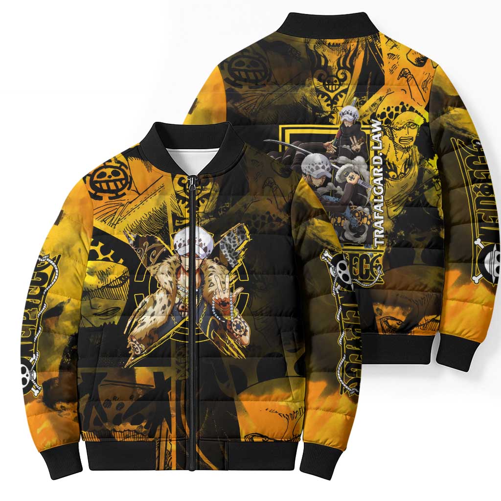 Trafalgar Law One Piece Yellow and Black Theme Bomber Puffer Jacket with Jolly Roger Symbol and Manga Panel Design - The Mazicc